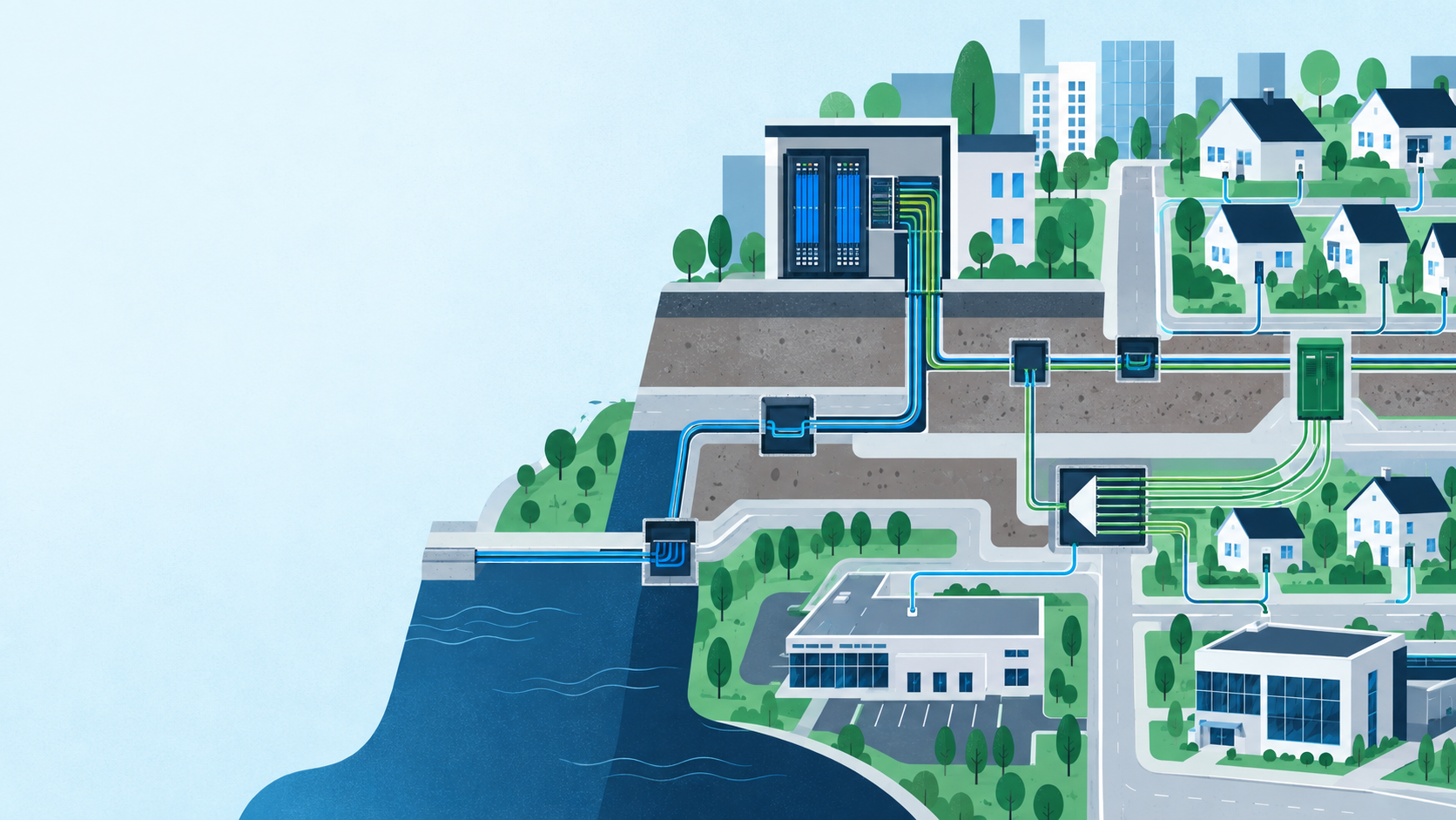 FTTH fibre network from OLT and splitters to subscriber premises